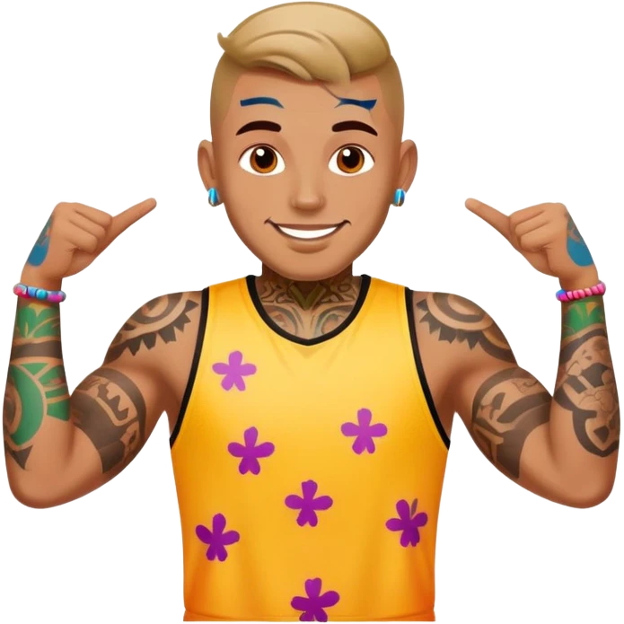 man with bold face tattoos, happy face, wearing a colorful jersey emoji