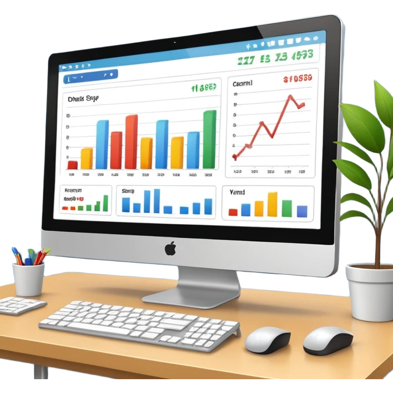 Create a modern desktop computer displaying financial charts and analytics dashboards on the screen. emoji