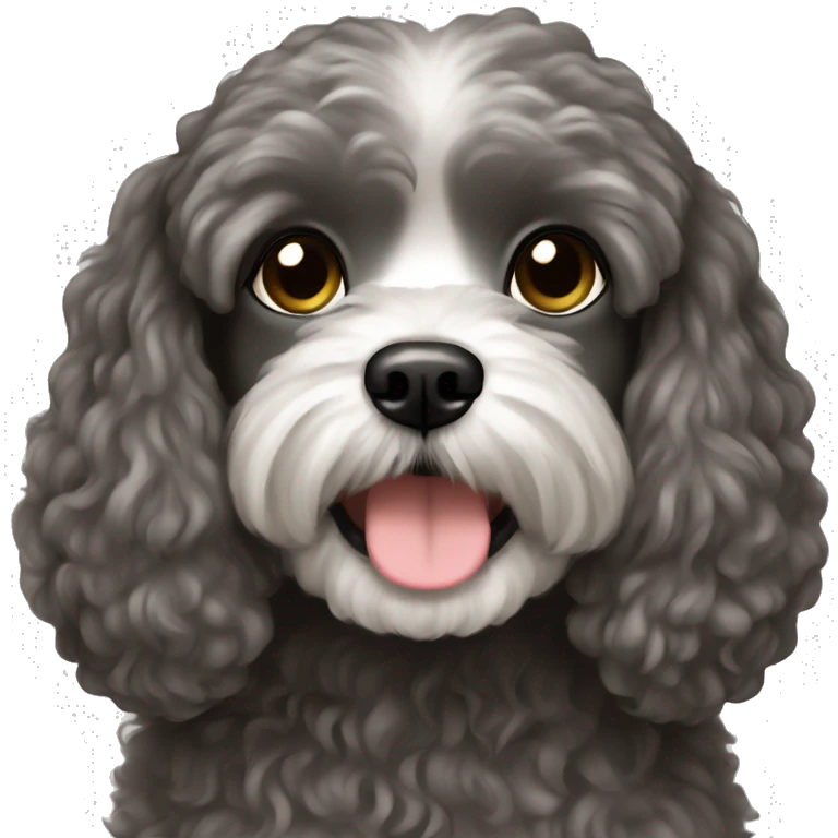 Brunette girl long straight hair, holding a dark gray maltipoo with a white snout emoji