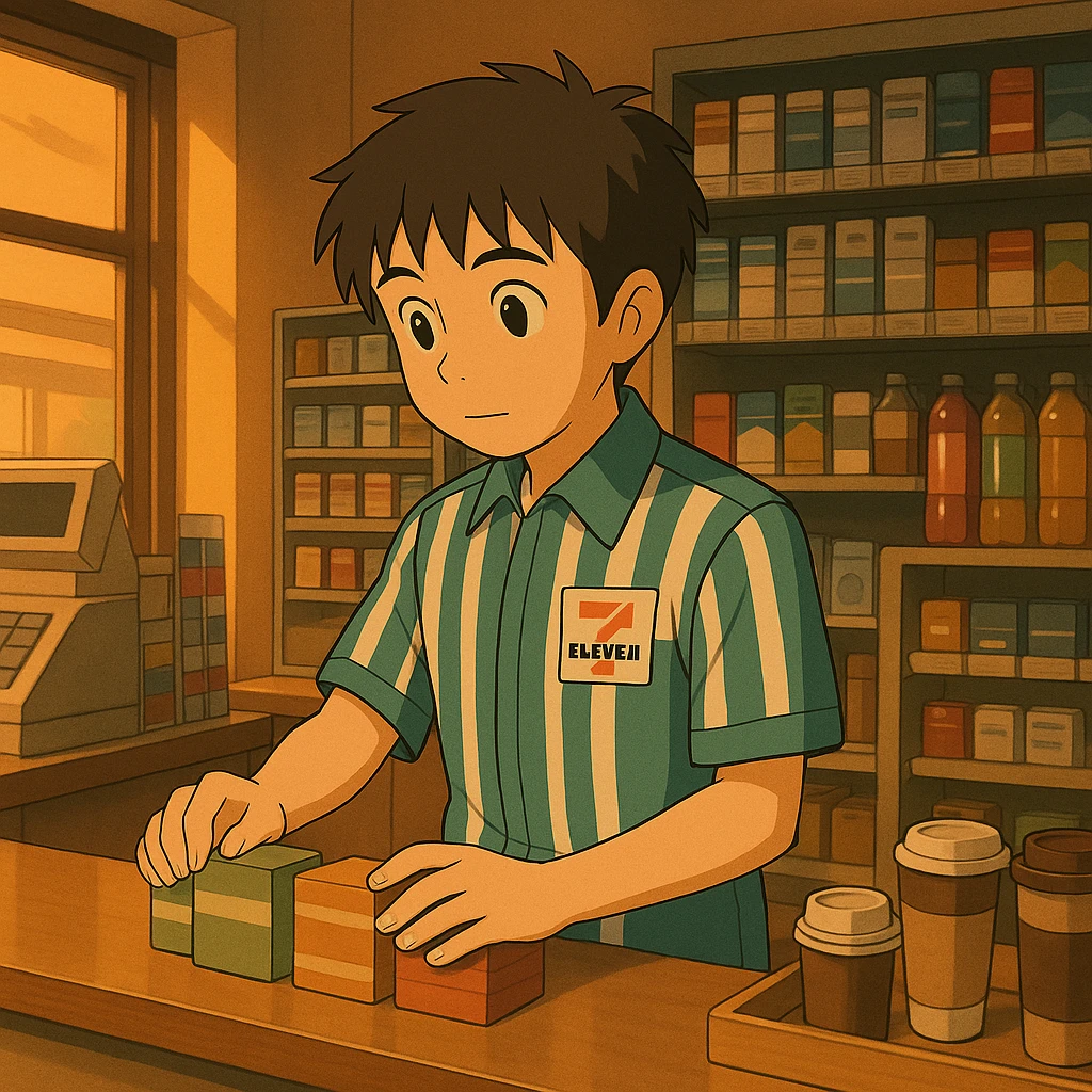 The same anime boy character from the reference image, wearing a 7/11 convenience store work uniform, working inside the store. He is behind the counter or arranging items on shelves, with a warm, gentle evening-lit Studio Ghibli style interior. emoji