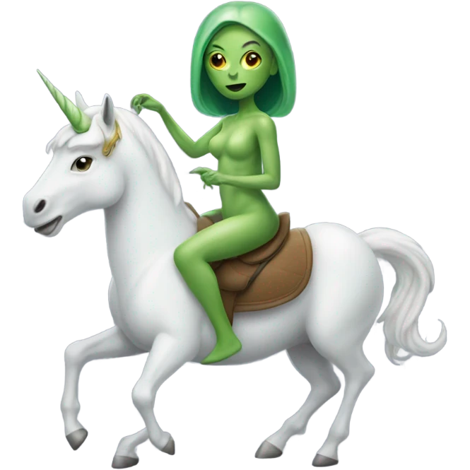 a green amazon alien woman on a white unicorn no woke emoji
