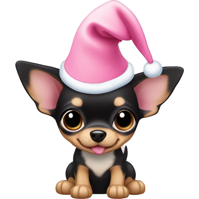 black & tan chihuahua puppy full body light blue eyes pink christmas hat on emoji