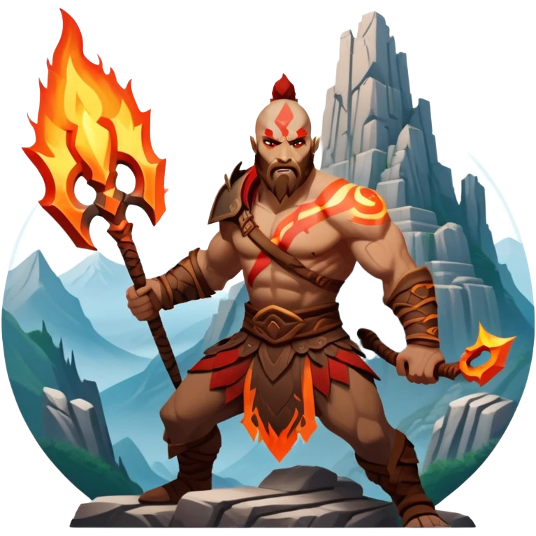 An icon showing a powerful warrior wielding a weapon, inspired by God of War: Ragnarok. The design captures the character’s strength, with dynamic motion lines. A fiery, mythological background with mountains and ruins enhances the epic atmosphere. Transparent background. emoji
