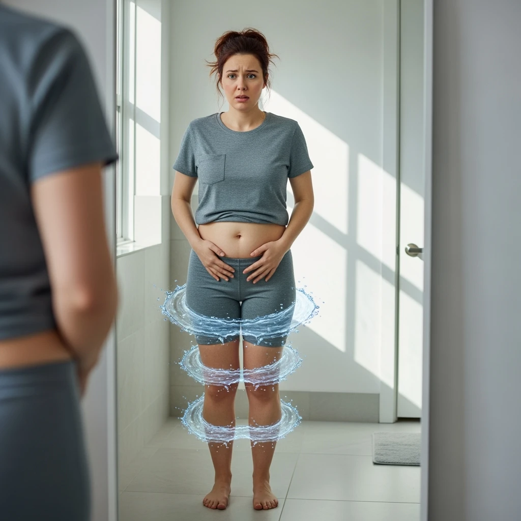 A woman in her 30s standing in front of a mirror, looking concerned. Her face is slightly puffy, and her abdomen and ankles show visible swelling. Transparent bluish water-like textures subtly wrap around her legs and midsection, symbolizing fluid retention.  emoji