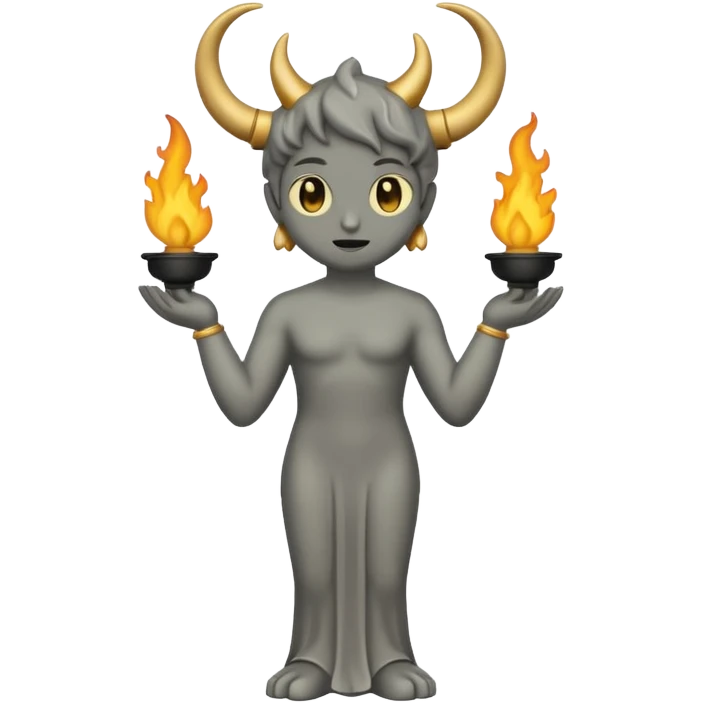 Minimalist emoji-style sticker of a full-body Oscar-like statue in matte gray-gold, with small horns  and faint flames at the base, all in black and muted hues emoji