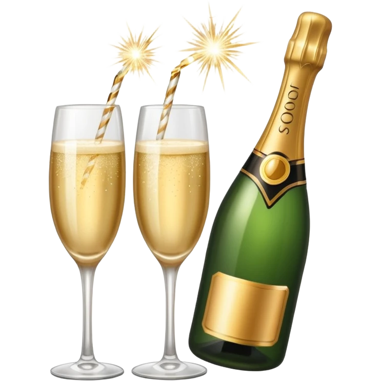 champagne bottle and champagne glasses and champagne sparklers on the bottle emoji
