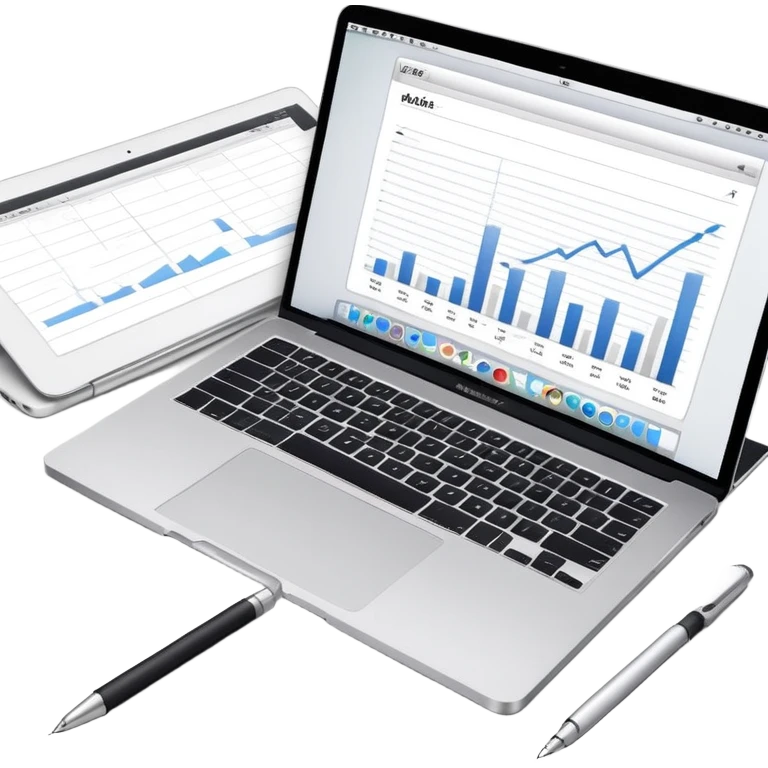 top view of a MacBook, open notebook with visible handwritten bar charts, and pen beside them emoji