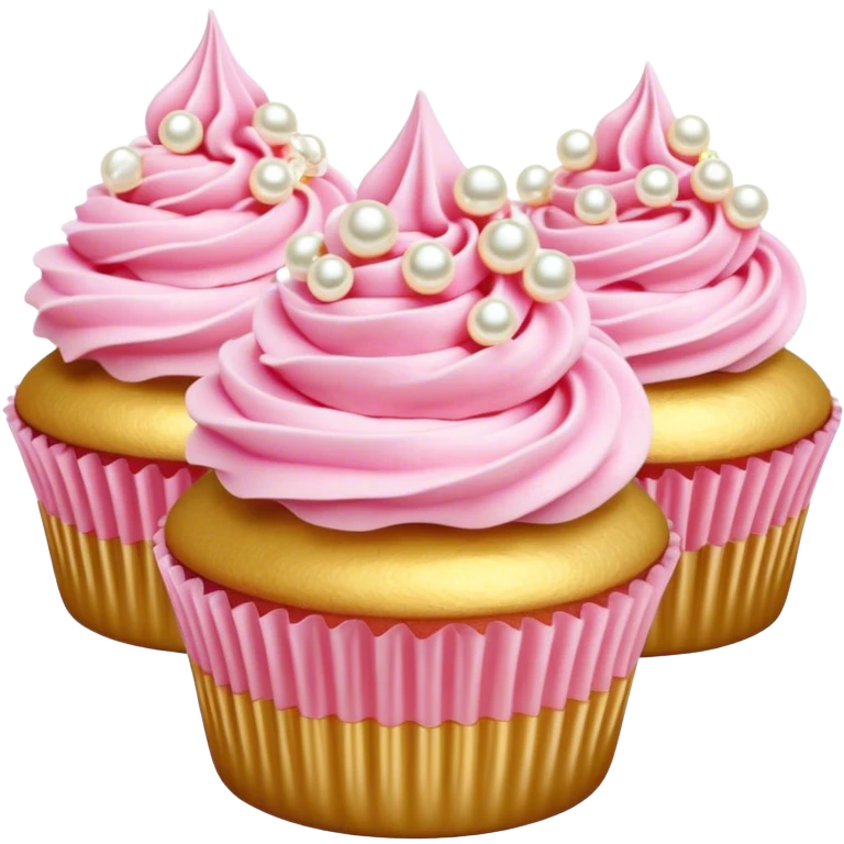 Cinematic Realistic Pink Cupcakes, fluffy pastel pink frosting swirled elegantly on top of golden cupcakes, tiny edible pearls adding a delicate touch, soft warm lighting creating a dreamy atmosphere, glowing with sweetness and charm. emoji