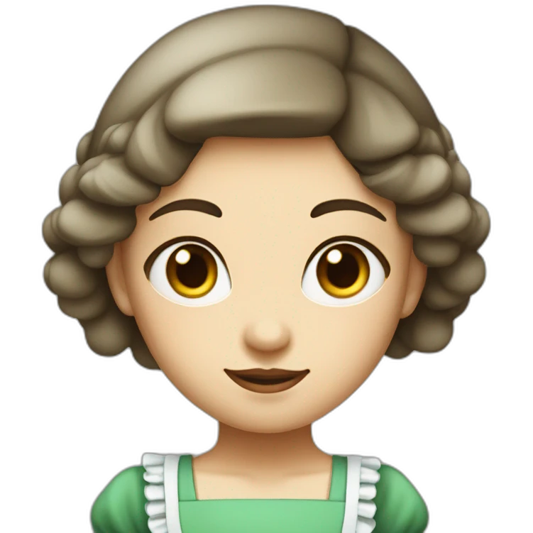 Maid with white skin, brown eyes and hair and an m shaped bang on her head with green headdress emoji