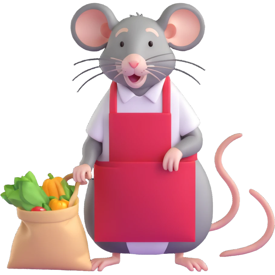 tired rat wearing apron bagging groceries emoji