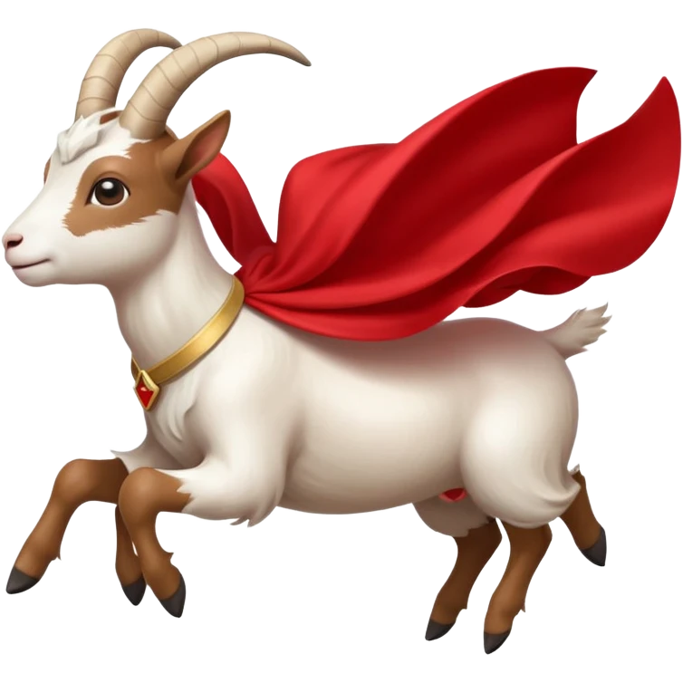 side view of white female goat wearing a read cape like superman emoji