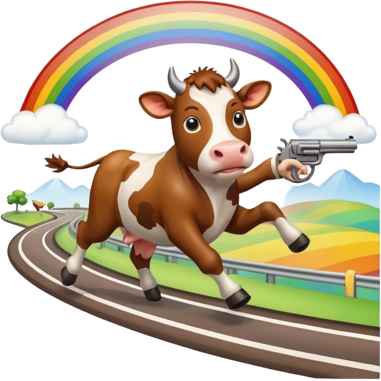 a cow running across a highway on a rainbow shooting a gun emoji