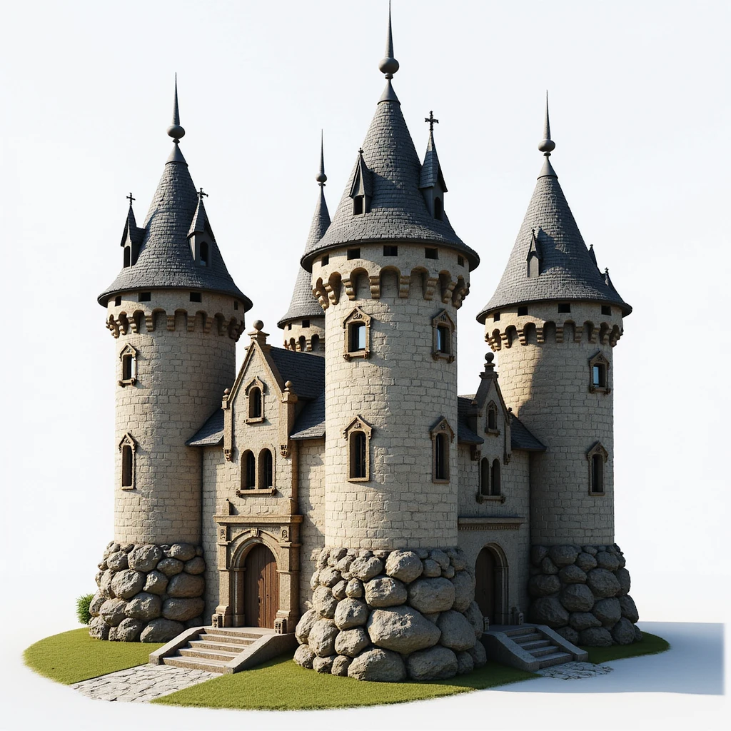 A realistic castle with detailed towers and a stone facade. emoji