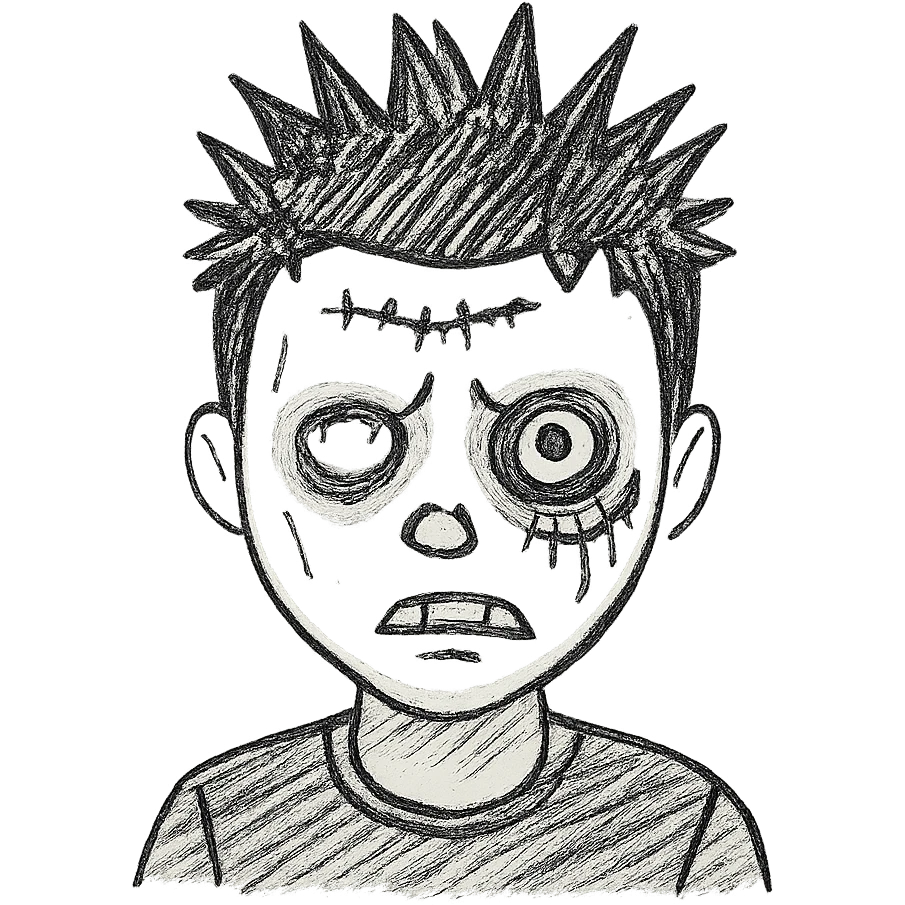 Add more zombie details such as greenish skin, visible stitches, and a scar. Keep the spiky black emo hair and black shirt. No background. emoji