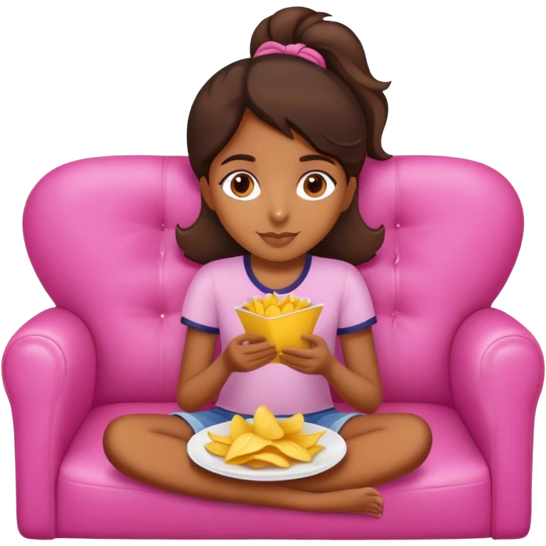 home brown girl with plate of chips, sitting at the pink sofa emoji