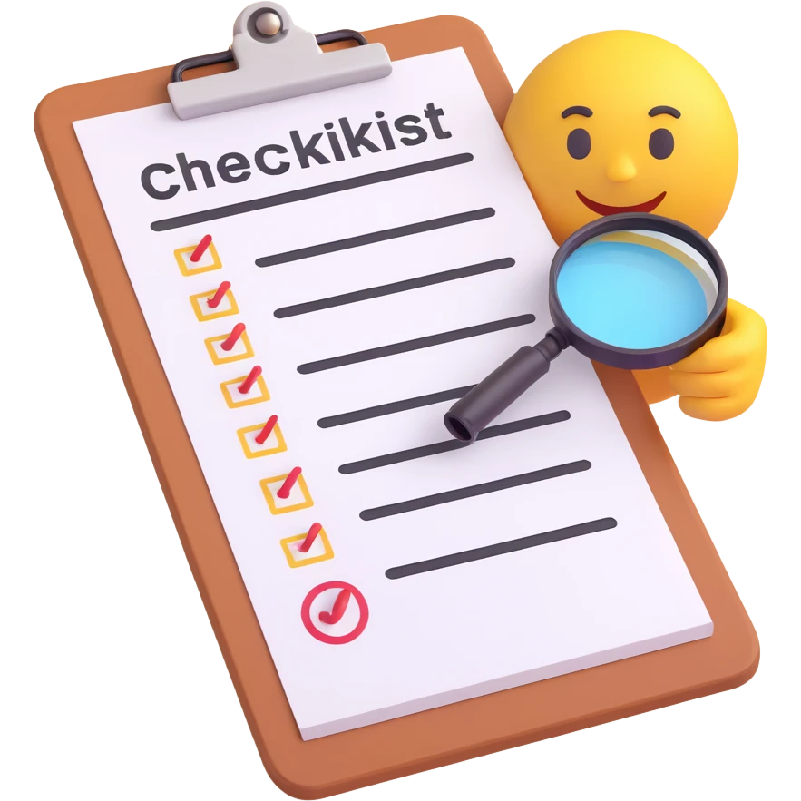 3D Emoji style icon for application testing setup, showing a clipboard with a checklist and a magnifying glass emoji
