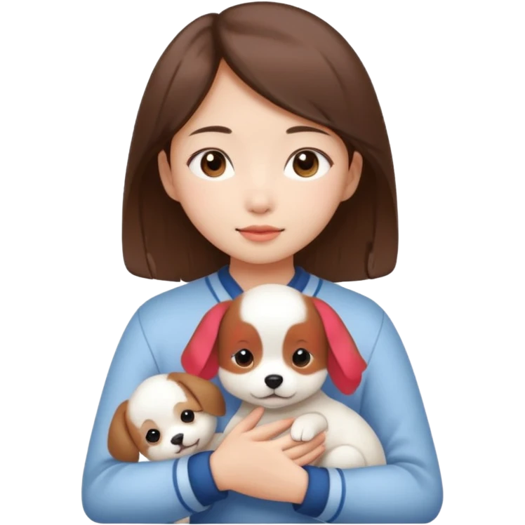 a asian japanese girl with brown hair and no bangs. she is holding a cute white puppy emoji