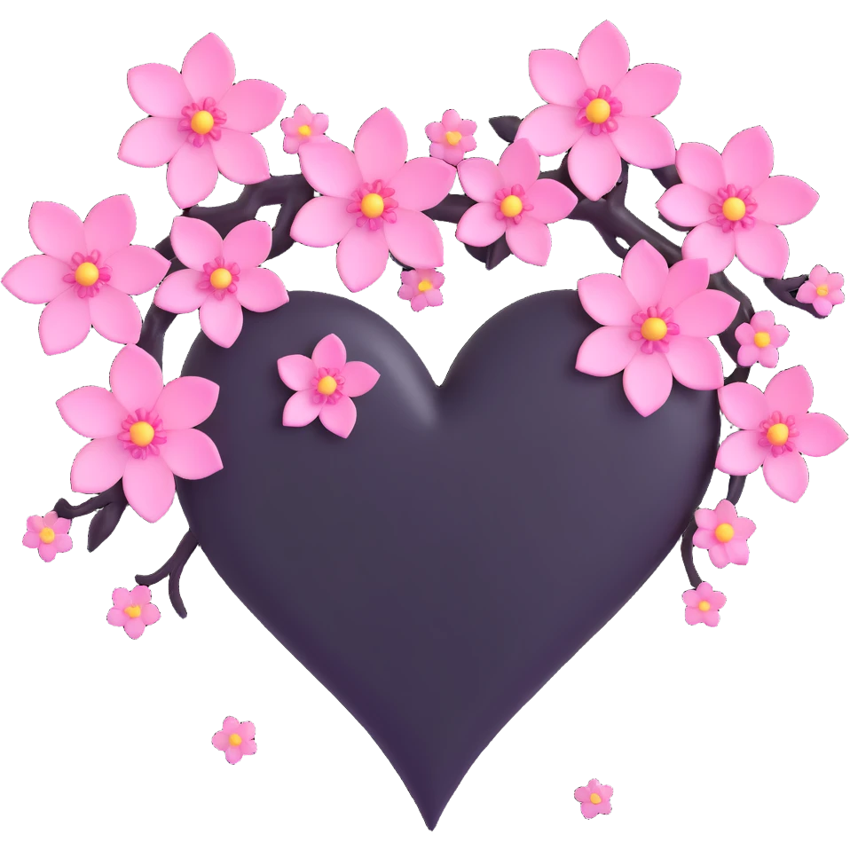 goth sakura heart, black heart with extra sakura blossoms and sparkling accents, lush and magical emoji