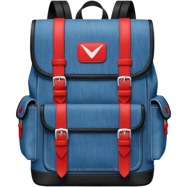 a blue denim backpack with a flap top, two vertical black buckle straps on the front. The backpack has two side pockets and a soft square shape. at front pocket bottom side, red and white two divided logo 

 emoji