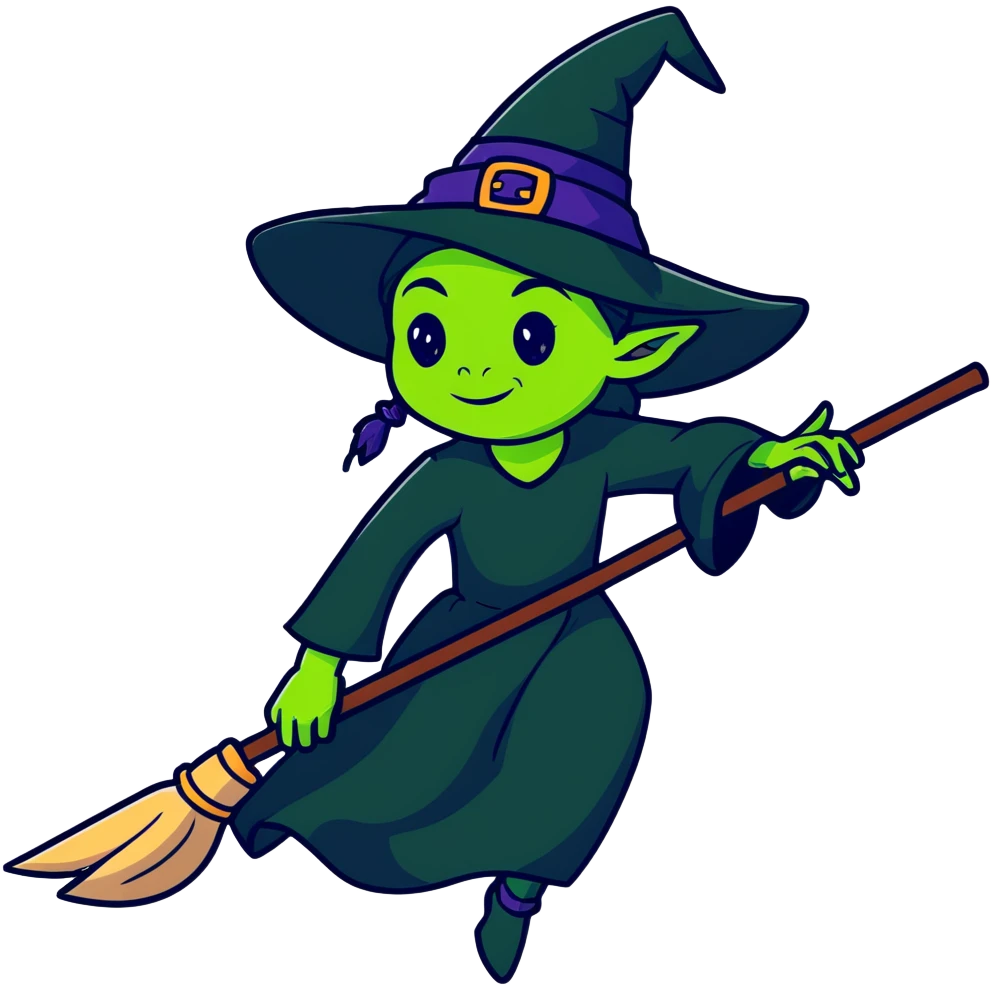 Elphaba, green-skinned witch with black hat and long black dress riding a broomstick emoji