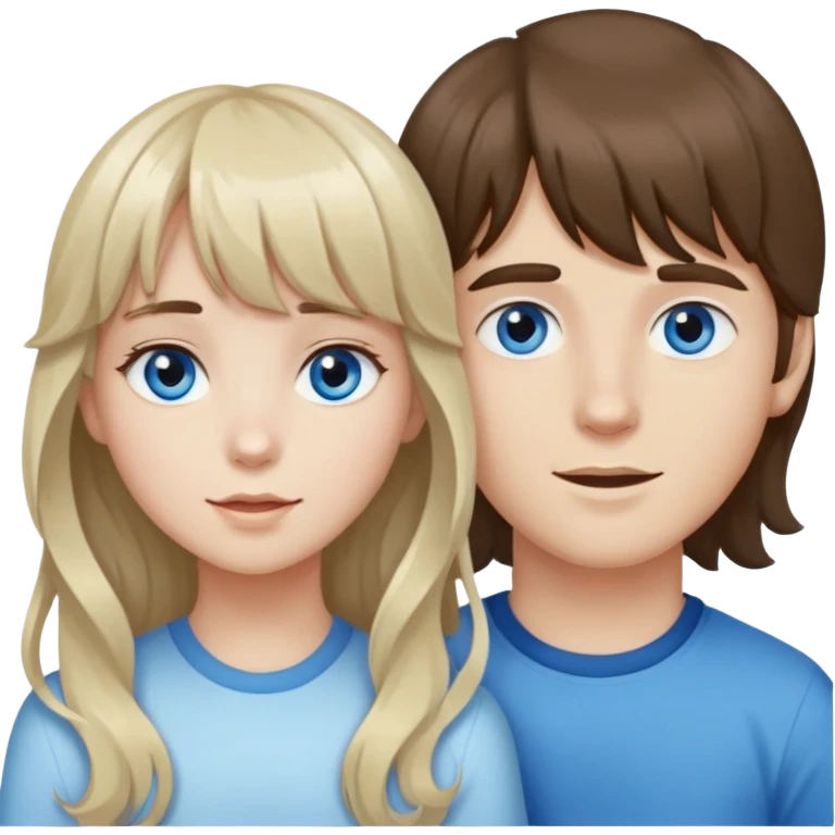A wavy girl with bangs, brown hair with a single blonde streak in her bangs, and a white-skinned girl with a boy with darker hair, blue eyes, very white skin, and long hair that reaches his ears. emoji
