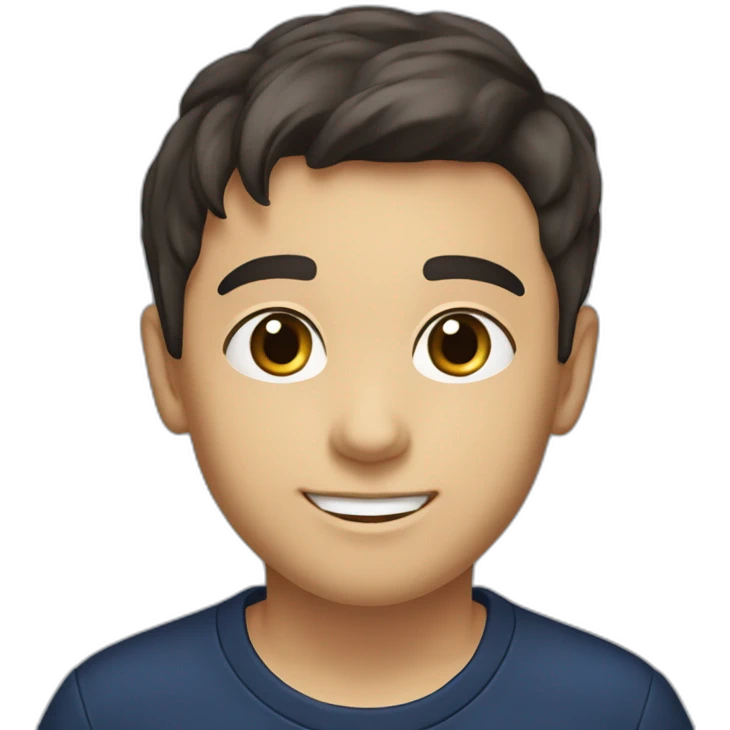 Young boy, with dark hair and brown eyes, without a beard, smiling and with a computer. Dressed in a long-sleeved navy blue shirt, without a front pocket. emoji