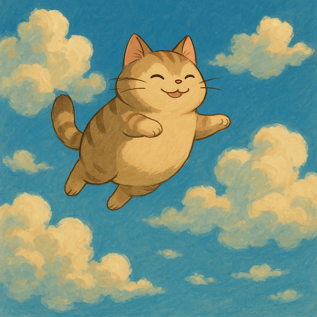 whimsical flying cat with clouds, ghibli style emoji