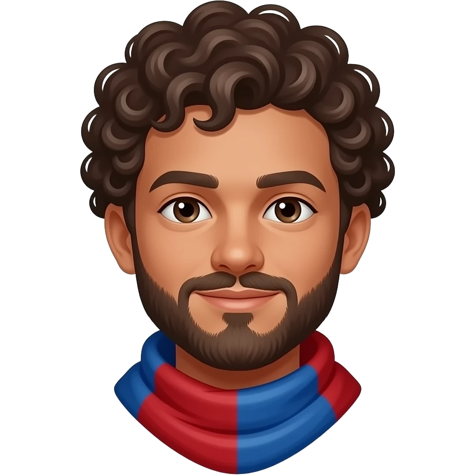 young boy with beared and curly hairs wear neck scarf change muffler color into vibranta blue and red color emoji