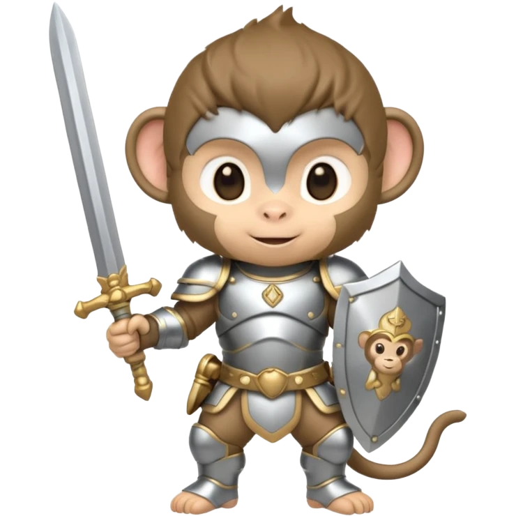 baby chibi monkey in silver armor, full body, smile, hold sword emoji