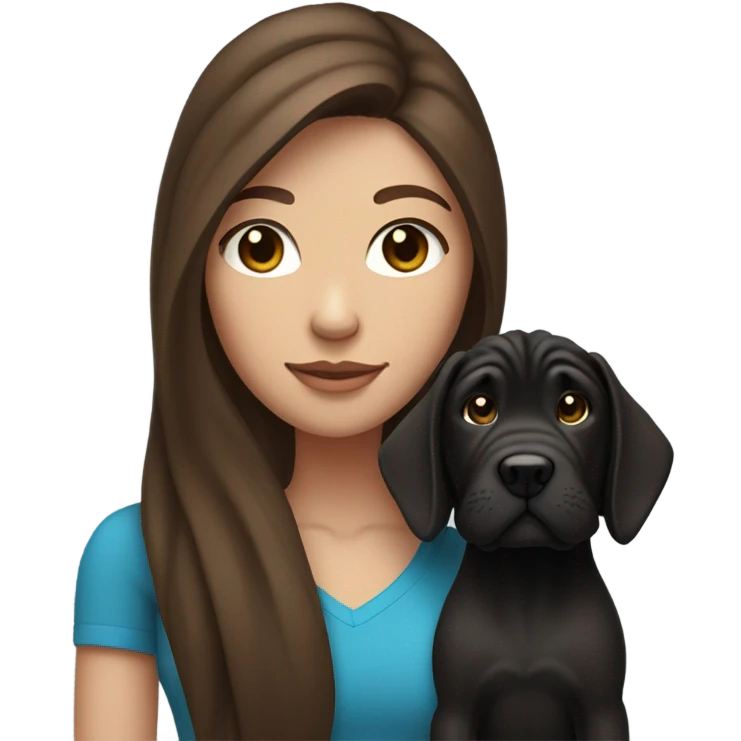 a female with long brown hair, and blue eyes holding a skinny black shar pei emoji