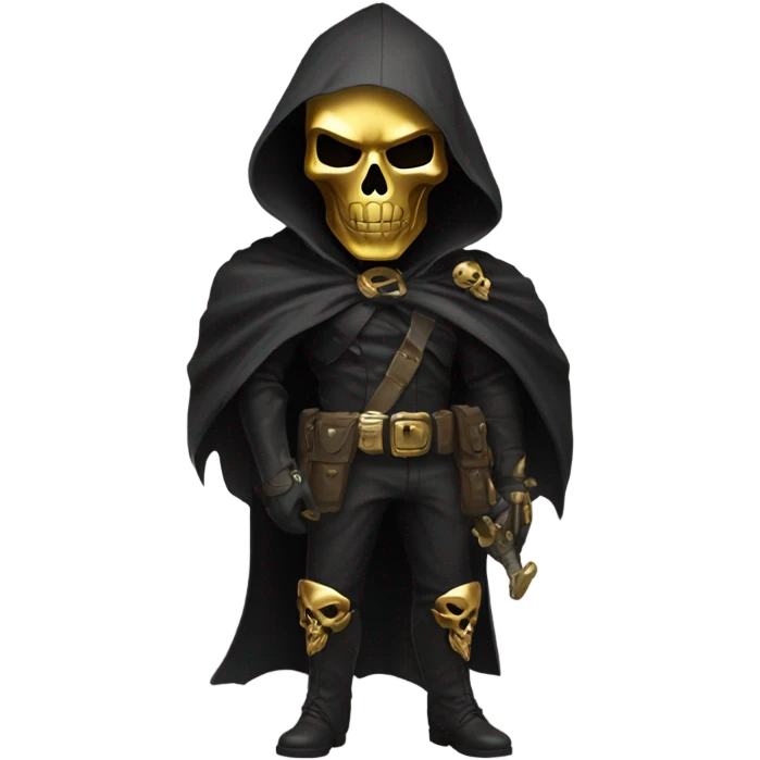 Bounty Hunter Boss with black cape and a gold skull mask from death Stranding, full body view emoji