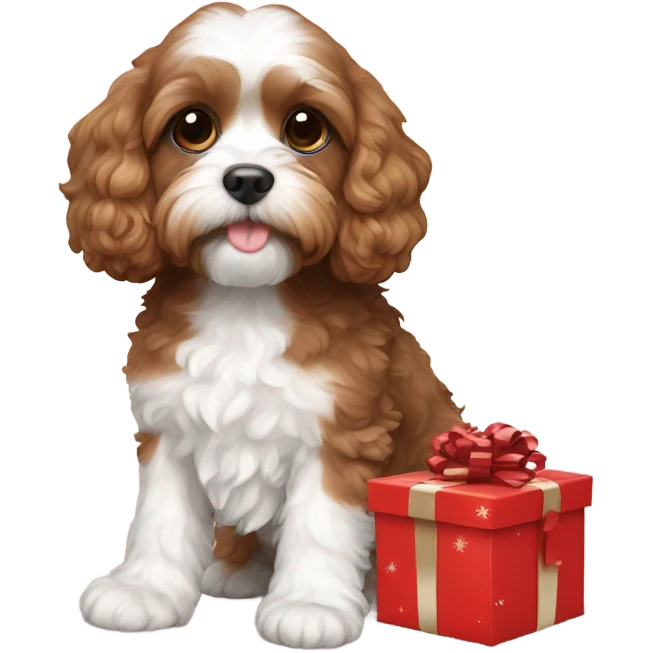 Brown and white cavapoo and new year gift box emoji