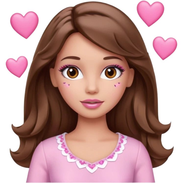 Barbie girl and  makeup , brown straight wavy hair and brown eyes is In pale pink clothes There are pink hearts all around emoji