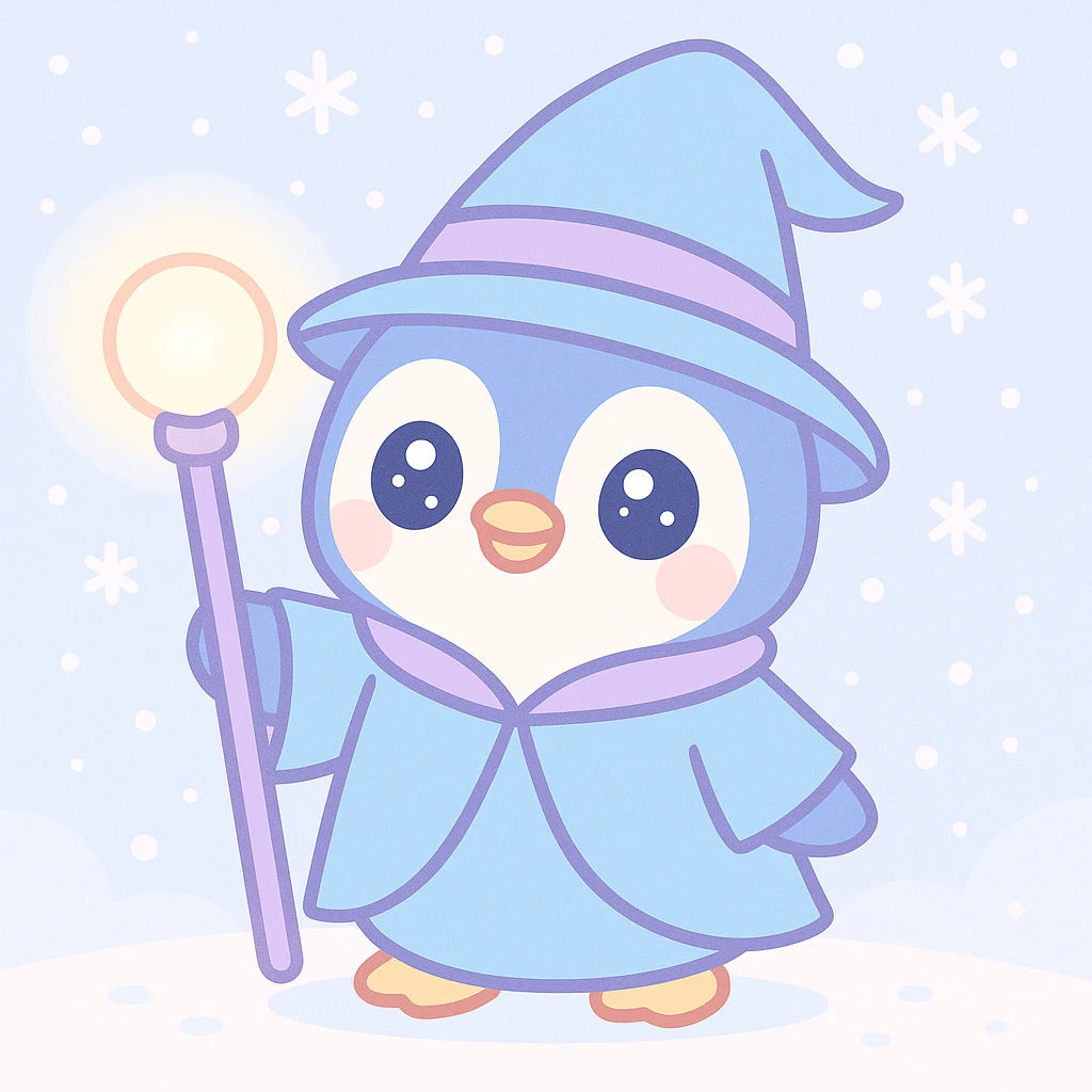 adorable penguin dressed as a wizard, glowing staff, snowy background emoji