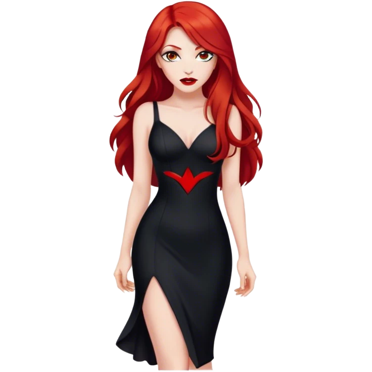 a pretty woman with long red hair and red eyes. The woman wear a black little cutted dress. She have red lipstick and she have a seductive look. She was barefoot emoji