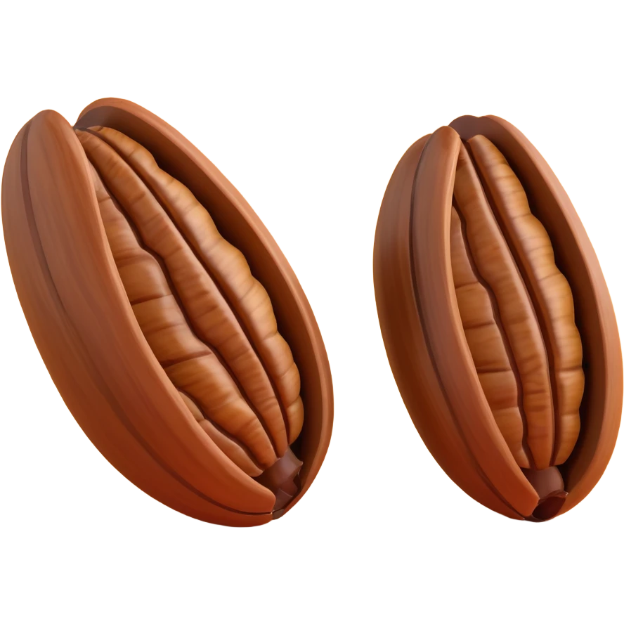 two or three whole pecan halves with deep brown grooved surfaces, natural curved shapes, slightly glossy texture, visible ridges, warm nutty tones, small cluster, no shell, clean 3D rendering, soft lighting, subtle shadows, transparent background, emoji scale emoji