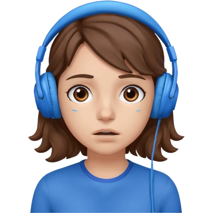 An upset girl with wavy hair listening to music with blue headphones emoji