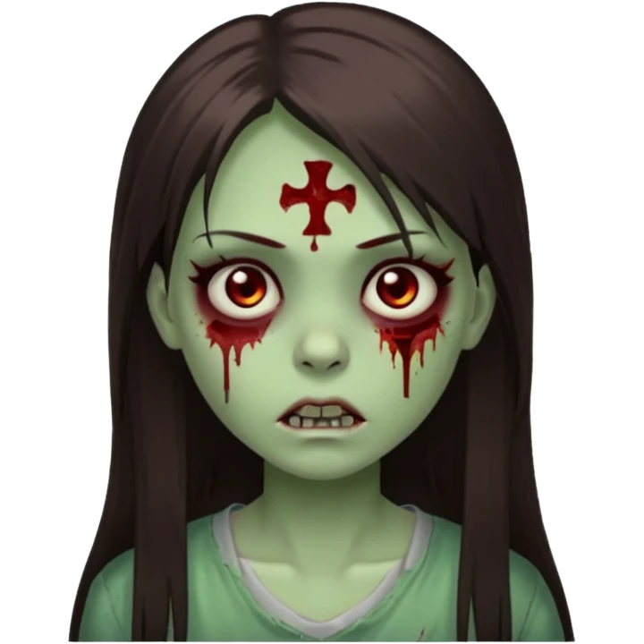 girl zombie with green pale skin with long dark brown straight hair with side bangs light brown eyes blood under eyes and brui emoji