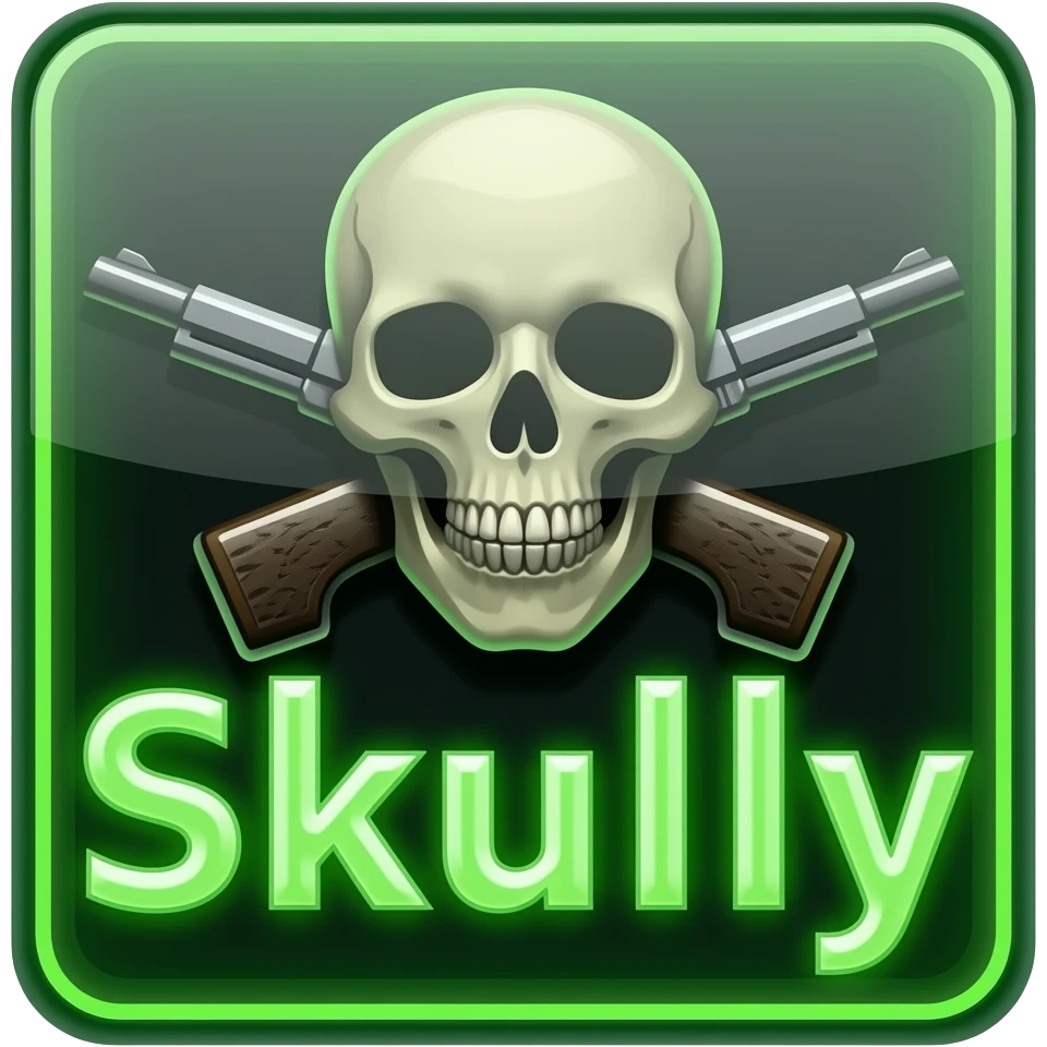 Create me a neon sign that says "Skully" in green with a skull and cross pistols behind it emoji