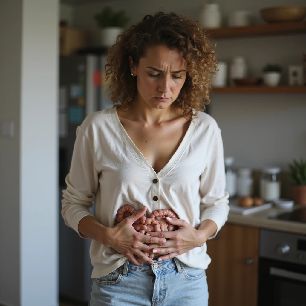 realistic image of a woman with intestinal dysbiosis, suffering expression, clinical details, visible abdominal bloating, everyday atmosphere, domestic environment emoji