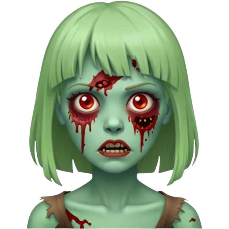 Mulher cabelo de franjinha pele verde zumbi sangrando bonito emoji