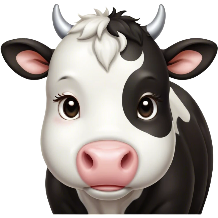 Cinematic Cute Black and White Cow Portrait Emoji, Head tilted playfully and inquisitively, featuring a glossy, contrasting coat of black and white, round, sparkling brown eyes filled with gentle curiosity, Simplified yet irresistibly adorable features, highly detailed, glowing with a warm, friendly glow, high shine, affectionate and serene, stylized with a touch of contemporary charm, bright and endearing, soft glowing outline, capturing the essence of a mischievous yet loving cow, so playful it feels like it could moo out of the screen and into your arms! emoji