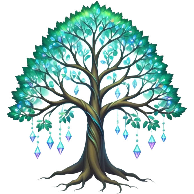 Spiritual magical ethereal tree with iridescent crystals hanging in it emoji
