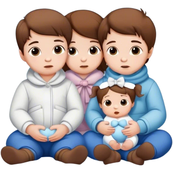 two white baby boys with brown hair and a white baby girl with brown hair and a bow sitting together in the winter snow emoji