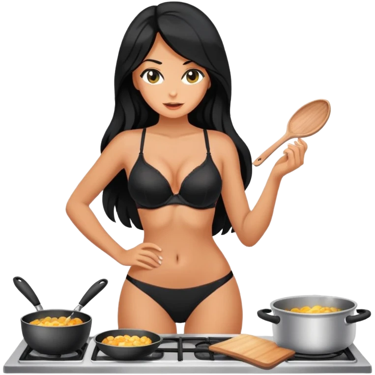 cooking, black long hair tanned woman, black bra and panties emoji