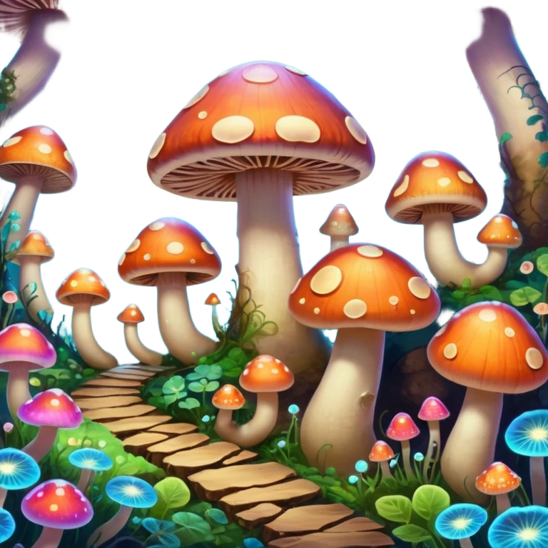  "A whimsical mushroom world filled with giant glowing mushrooms, soft bioluminescent spores floating through the air, and friendly oversized snails with colorful spiral shells exploring the landscape. Fantasy atmosphere, vibrant colors, dreamy lighting, highly detailed emoji