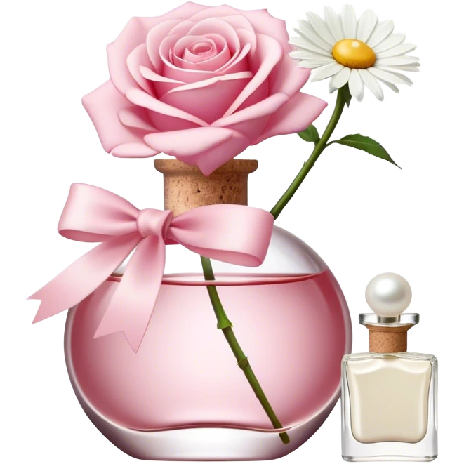 a beautiful aesthetic single rose in white and pink with an ivory bow and a pearl white perfume bottle with a white daisy on the cork emoji