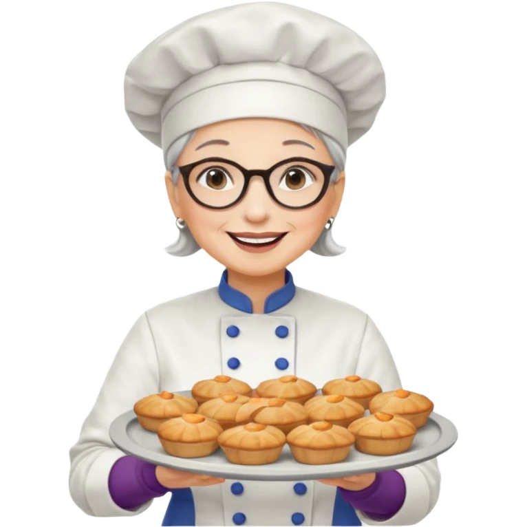 Older female pastry chef – round glasses, oven mitts on, holding a tray of pastries.

 emoji