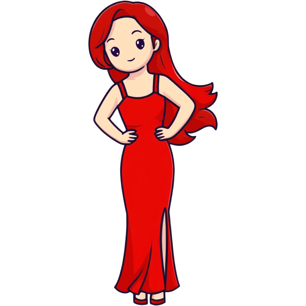 Fair-skin elegant girl in red long dress with long red hair emoji