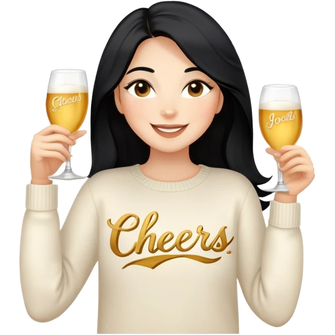 A woman with longer black hair, light to medium skin tone, full cheeks, and almond-shaped eyes, wearing a simple white sweater with the word 'cheers' in gold script, joyful and radiant expression, cheerful. emoji